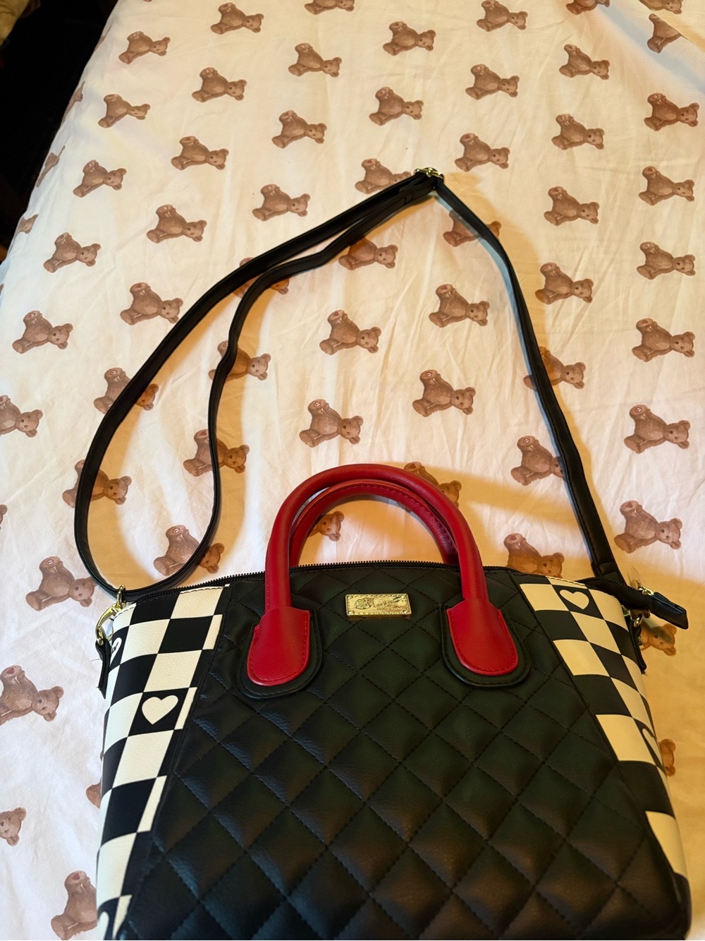 Betsey Johnson Black Quilted Satchel with Red Handles and Checkerboard Sides